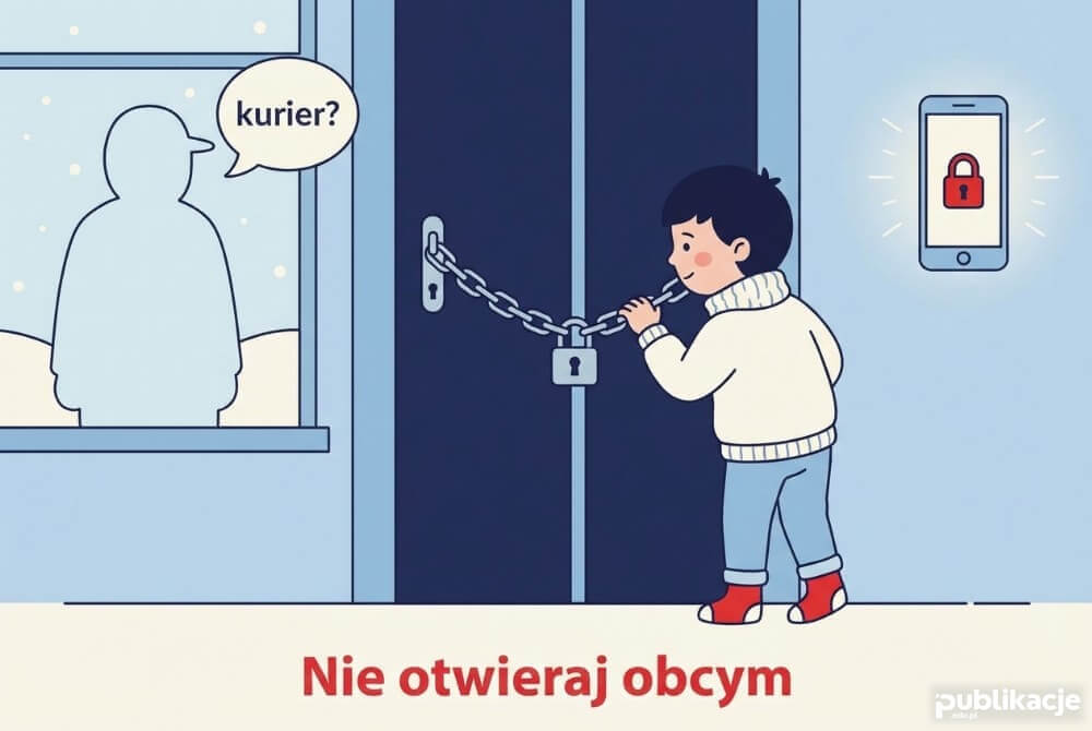 Dziecko nie otwiera drzwi nieznajomemu i dba o bezpieczeństwo w domu z napisem Nie otwieraj obcym