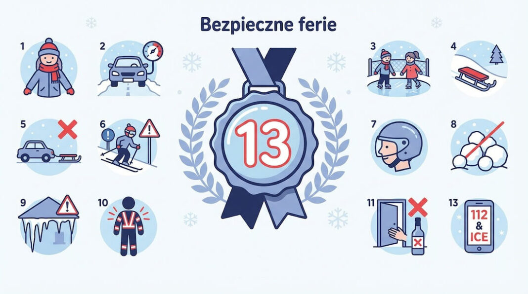 Grafika, obrazki z zasadami bezpiecznych ferii