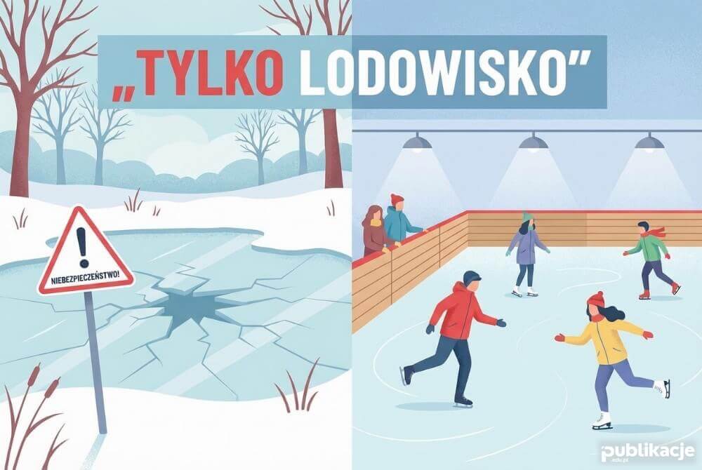 Porównanie strzeżonego lodowiska i niebezpiecznego zamarzniętego akwenu z napisem Tylko lodowisko