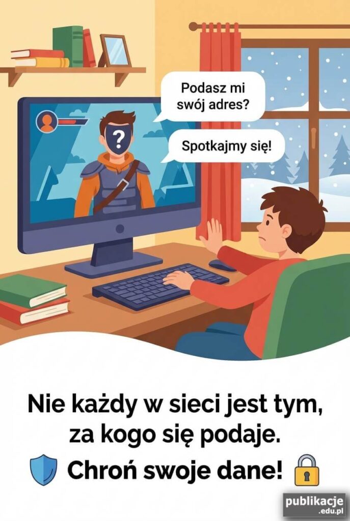Plakat o bezpieczeństwie w internecie podczas ferii, ostrzegający przed nieznajomymi i wyłudzaniem danych
