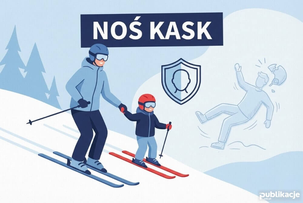 Dziecko i dorosły w kaskach podczas sportów zimowych z napisem Noś kask