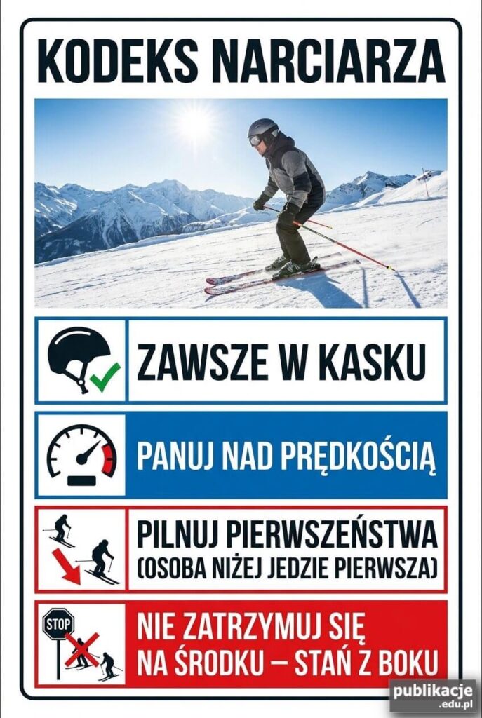 Plakat z kodeksem bezpiecznego narciarza na stoku, z zasadami kasku, prędkości, pierwszeństwa i zatrzymywania się