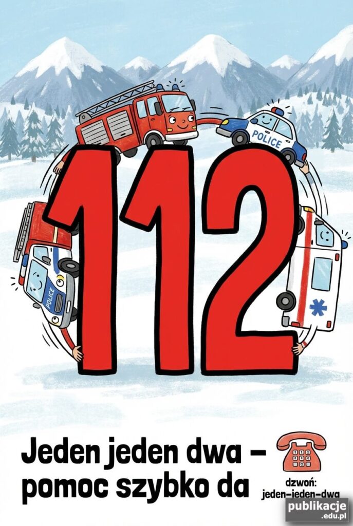 Plakat edukacyjny z dużym numerem 112 oraz rysunkami straży pożarnej, policji i karetki w zimowej scenerii