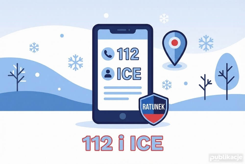 Telefon z zapisanymi numerami 112 i kontaktem ICE oraz ikoną lokalizacji GPS z napisem 112 i ICE
