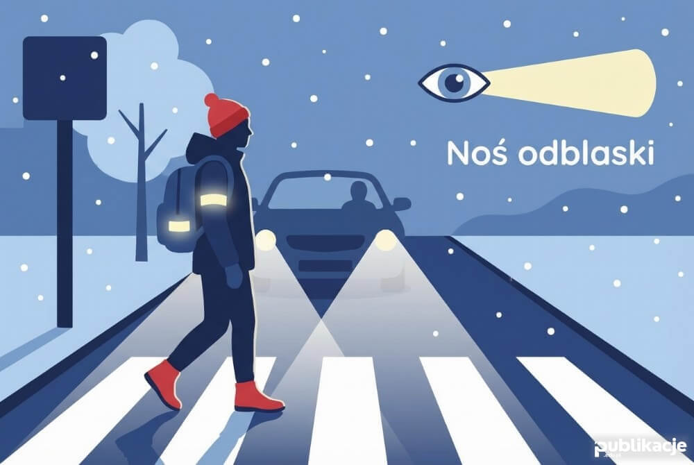 Pieszy z elementami odblaskowymi widoczny po zmroku na przejściu dla pieszych z napisem Noś odblaski