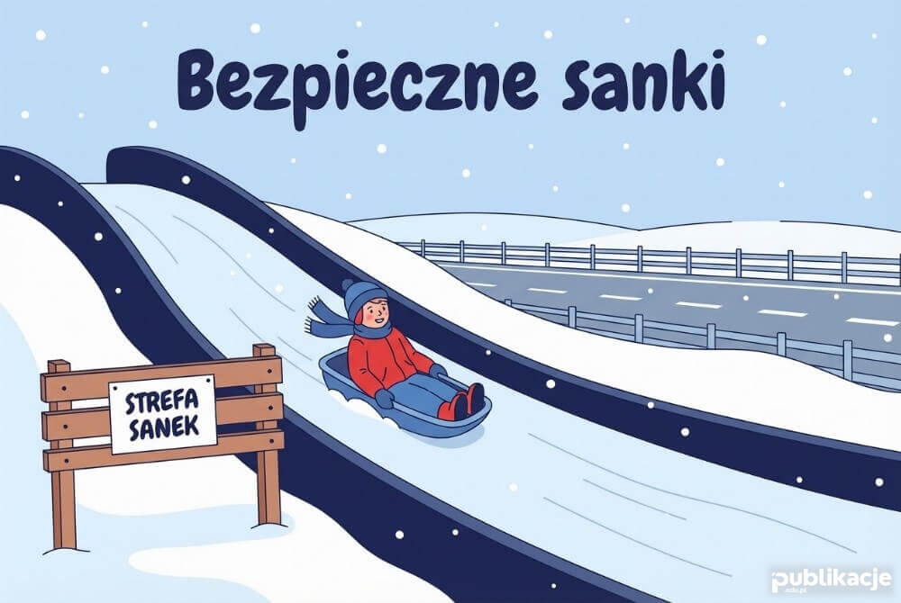 Dziecko zjeżdża na sankach w bezpiecznym miejscu z dala od ulicy i drzew z napisem Bezpieczne sanki