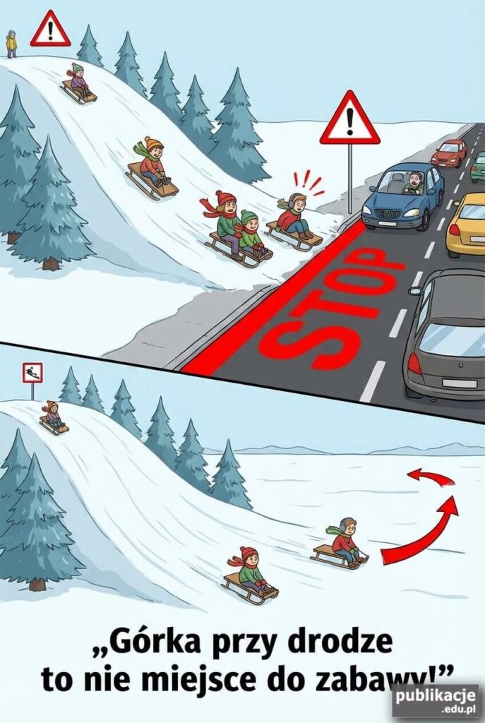 Plakat pokazujący bezpieczny zjazd na sankach z dala od ulicy oraz znak STOP przy niebezpiecznej górce