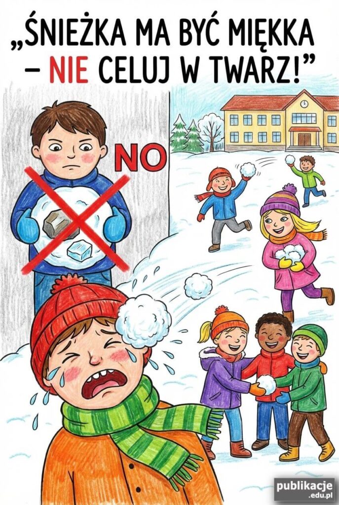 Plakat o bezpiecznej zabawie na śnieżki, zakaz śnieżek z kamieniami i apel o fair play