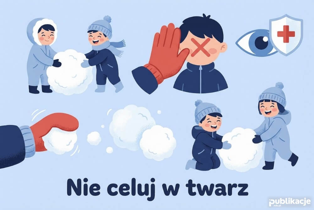 Dzieci bawią się śnieżkami z zasadą nie celuj w głowę i twarz oraz napisem Nie celuj w twarz