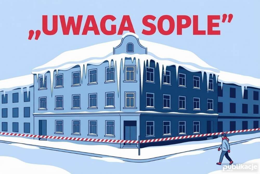 Sopel lodu i nawis śnieżny na budynku oraz przechodzień omijający strefę zagrożenia z napisem Uwaga sople