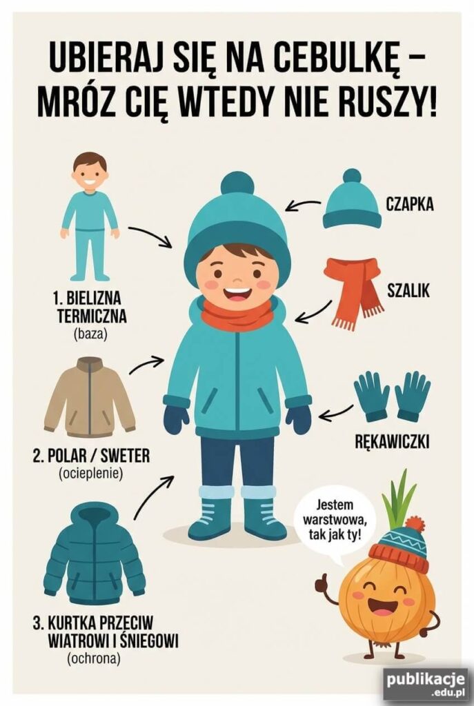 Infografika o ubieraniu się warstwowo zimą z warstwami odzieży oraz czapką, szalikiem i rękawiczkami