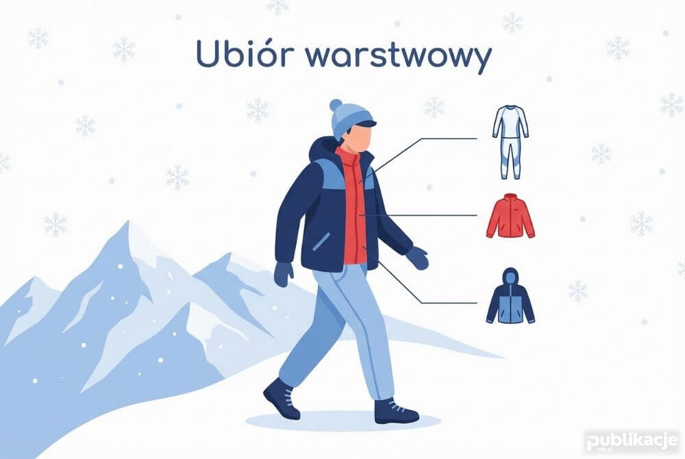 Osoba ubrana na cebulkę z oznaczeniem trzech warstw odzieży i napisem Ubiór warstwowy