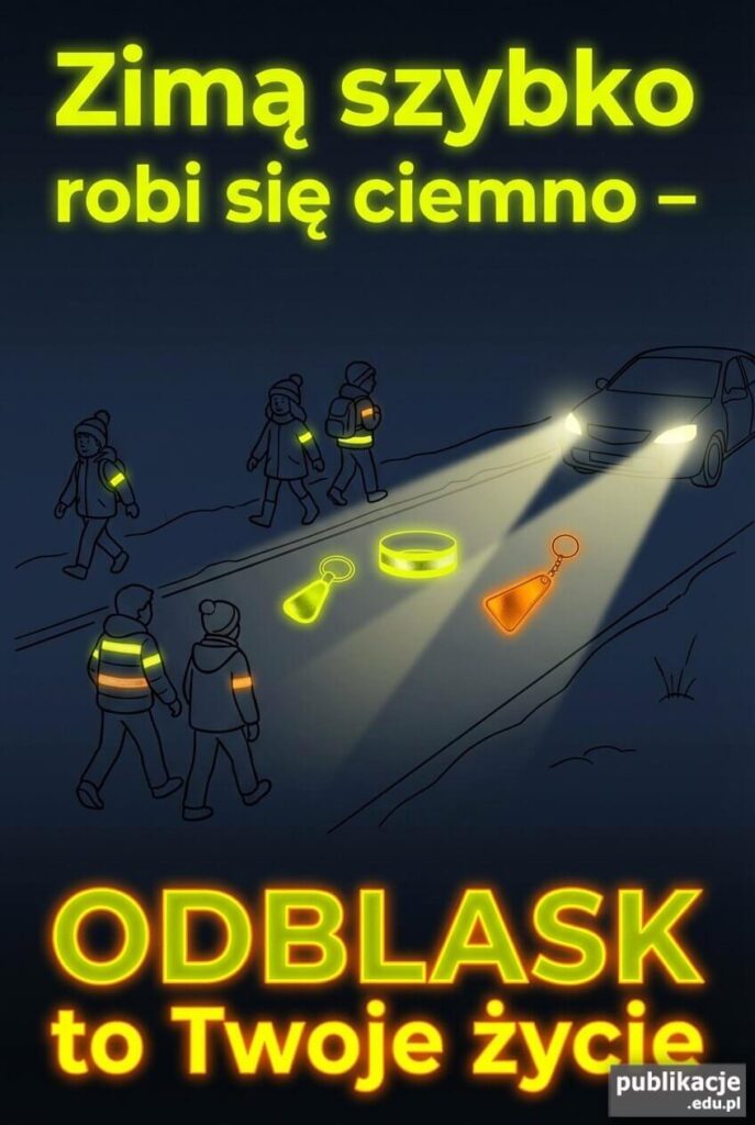 Plakat o noszeniu odblasków zimą, z reflektorami auta podkreślającymi świecące elementy