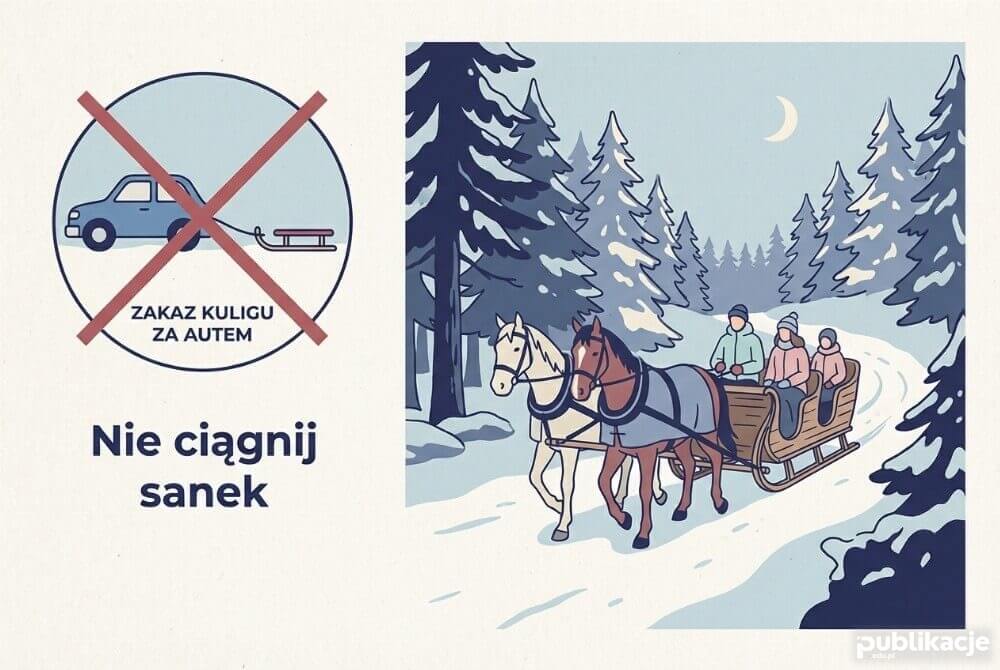 Przekreślony kulig za samochodem i bezpieczny kulig konny jako alternatywa z napisem Nie ciągnij sanek