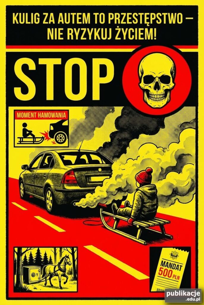 Plakat ostrzegający przed doczepianiem sanek do samochodu, pokazujący zagrożenia i bezpieczną alternatywę