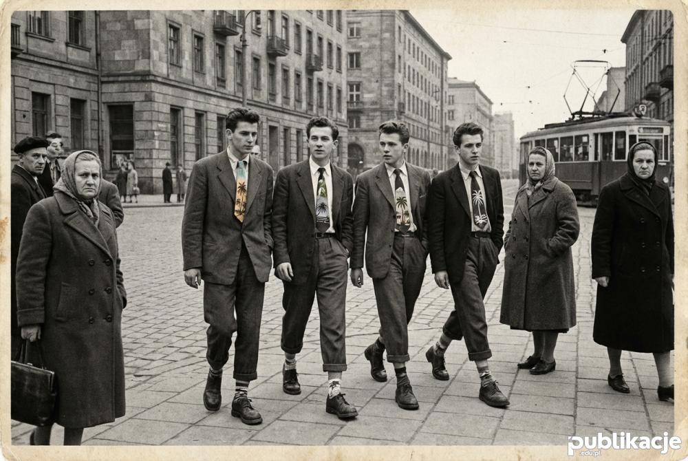 Grupa bikiniarzy na ulicy Warszawy lata 50