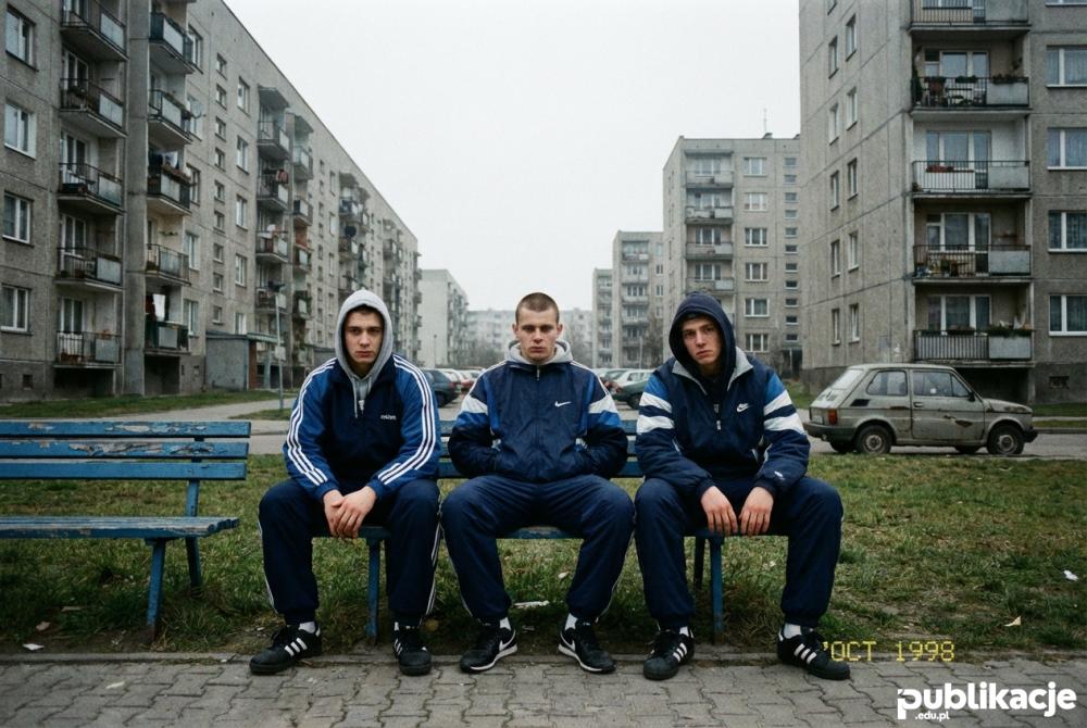 szare blokowisko z lat 90 i młodzież na ławce