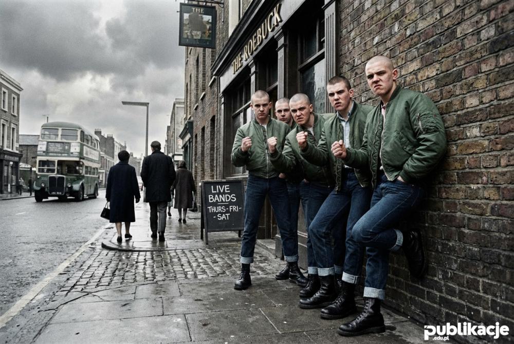 Grupa boneheadów w kurtkach flayersach lata 80 Wielka Brytania