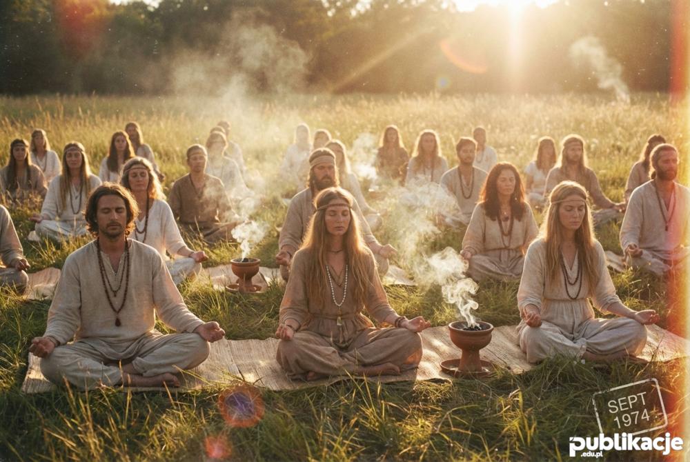 Medytacja w komunie hippisowskiej o zachodzie słońca