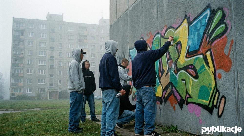 Graficiarze malujący mur na polskim blokowisku w latach 90