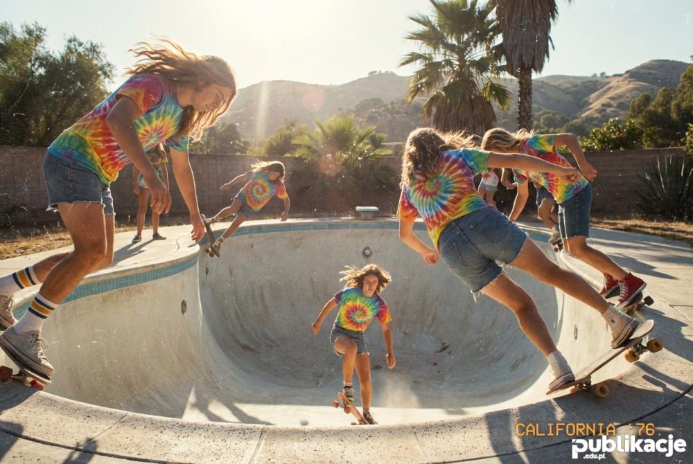 Skaterzy w pustym basenie lata 70 styl vintage