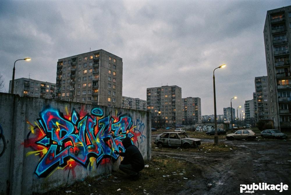 graficiarz malujący na murze blokowiska lata 90