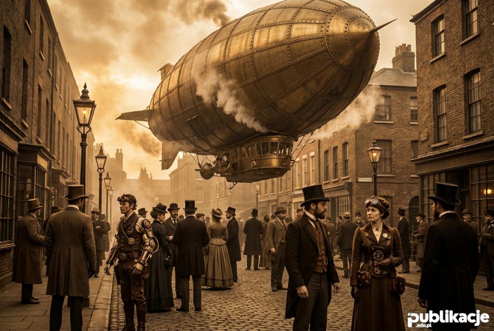 Wiktoriańska ulica z futurystycznym sterowcem parowym na niebie
