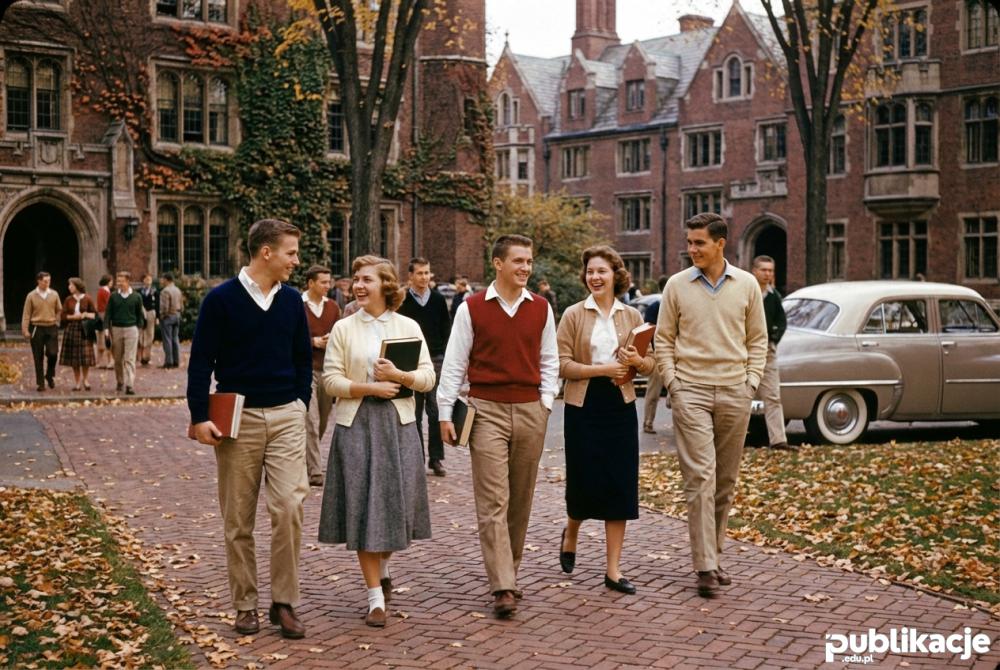 Studenci w stylu preppy na kampusie lata 50