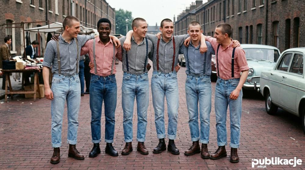 Grupa tradycyjnych skinheadów na ulicy Londynu w latach 60