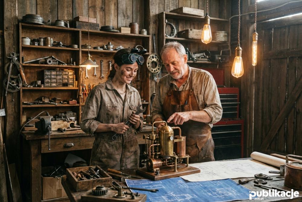 Warsztat wynalazcy steampunk z ludźmi pracującymi nad maszyną