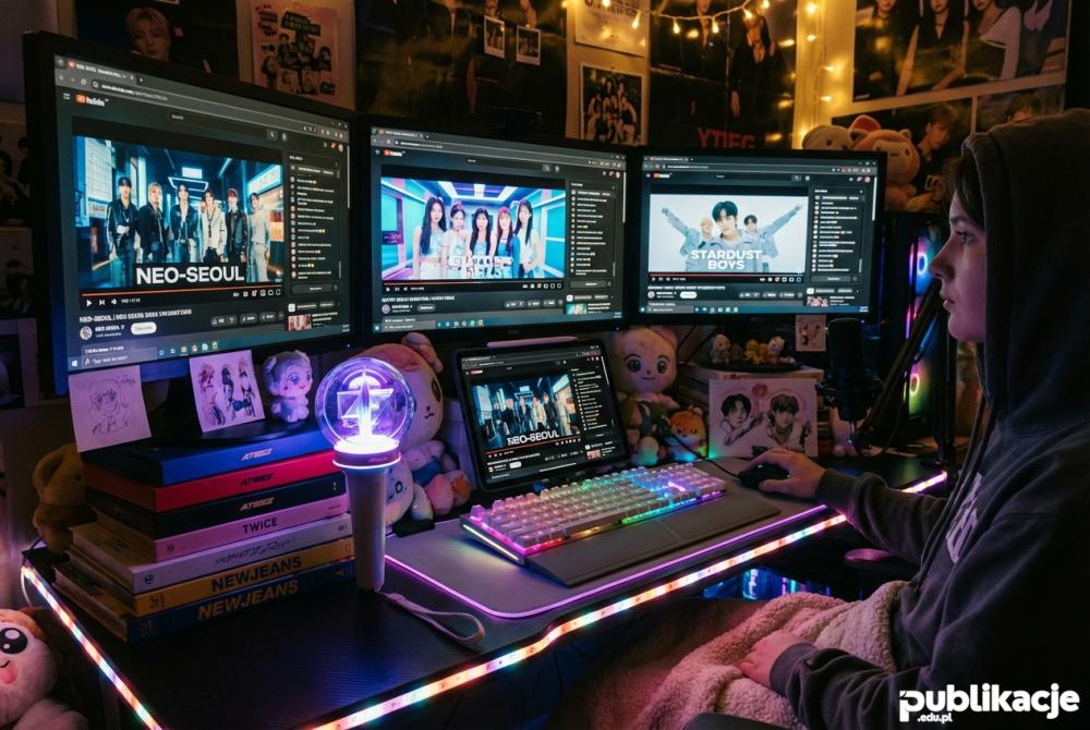Stanowisko komputerowe fana K-popu podczas streamingu