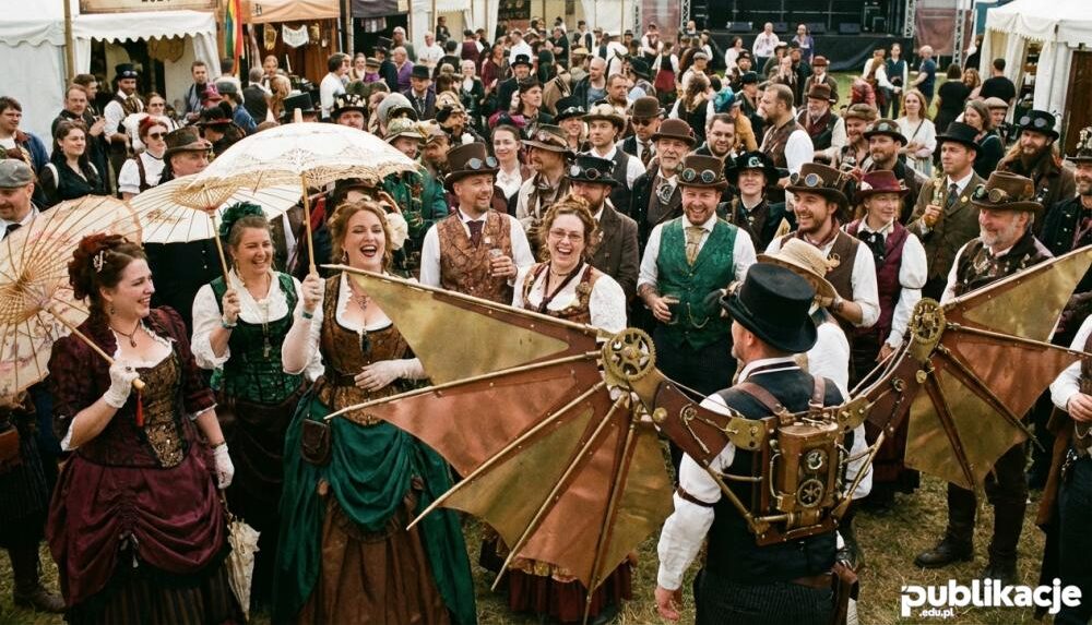 Tłum ludzi w kostiumach na festiwalu steampunk