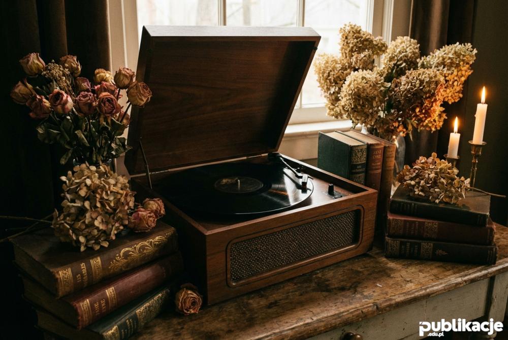 gramofon retro i stare książki martwa natura