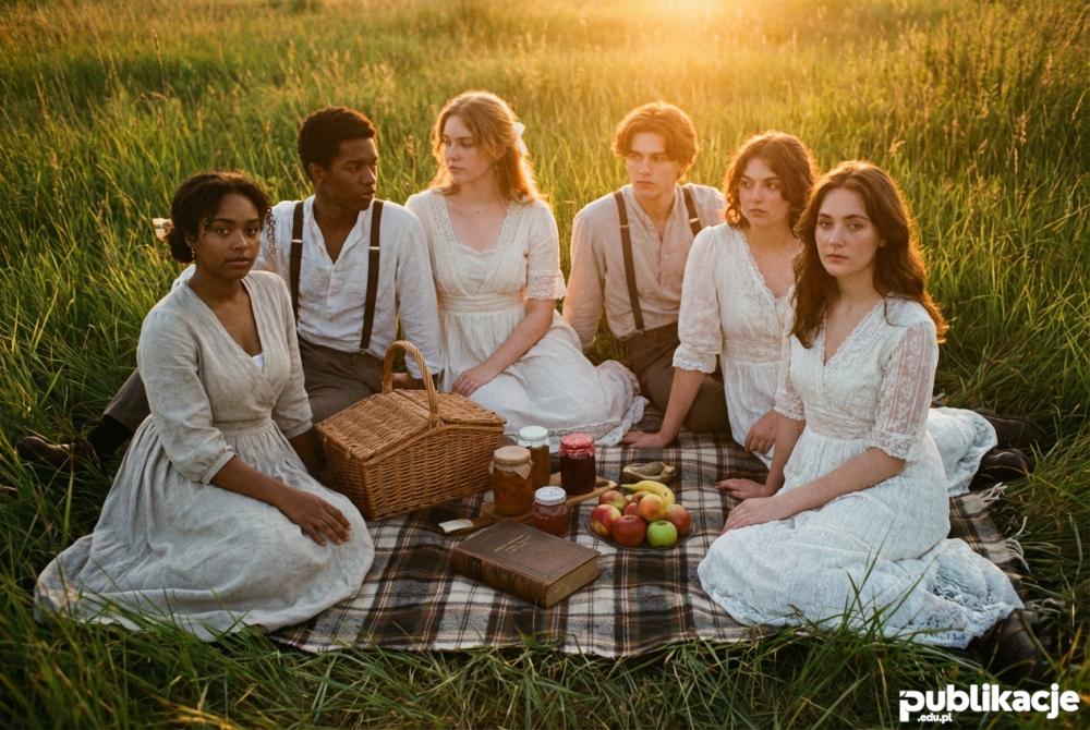 Piknik w stylu cottagecore na łące o zachodzie słońca