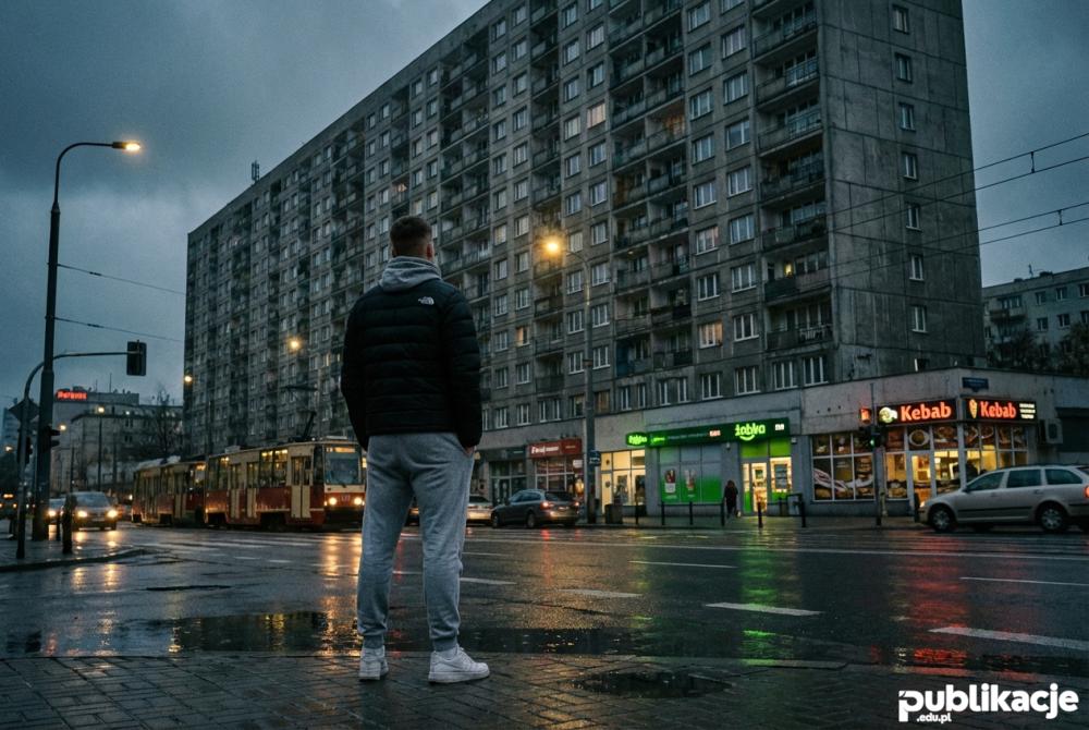 młody chłopak w dresie na tle blokowiska