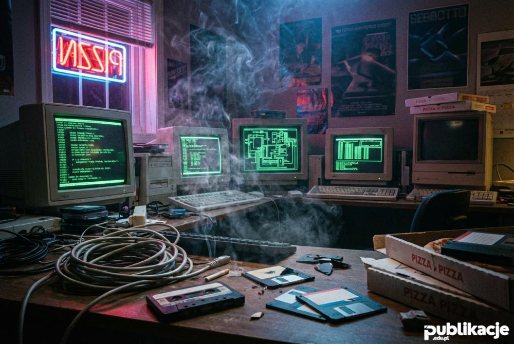 pokój hakera w stylu lat 80 retro technologia