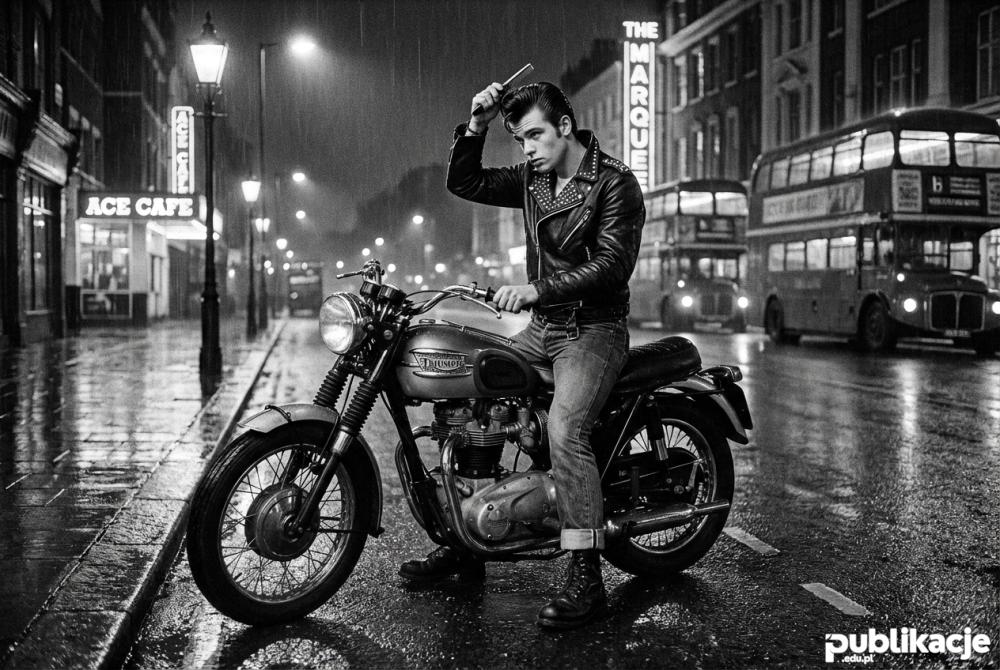 Młody rockers na motocyklu Triumph lata 60 Londyn