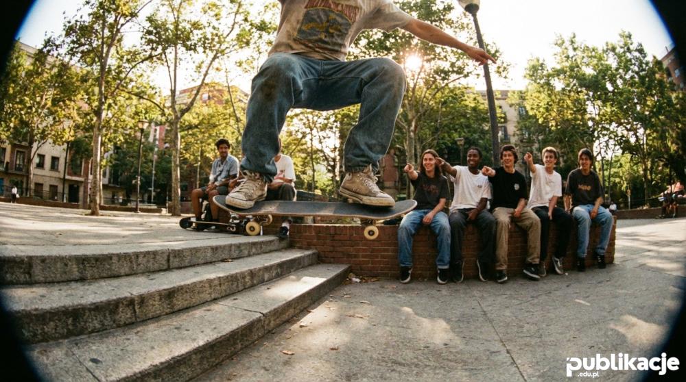 Skater w szerokich spodniach wykonujący trik nad schodami