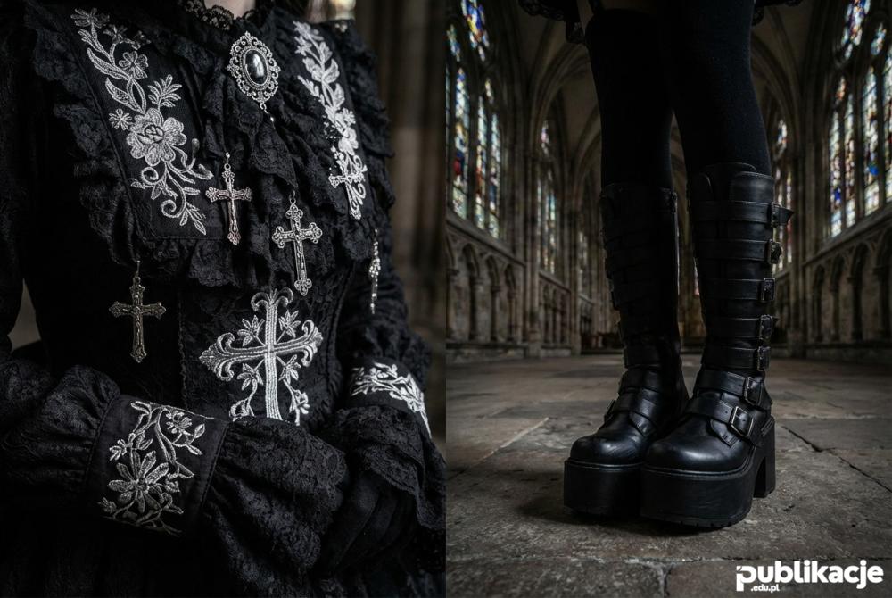 Detale stroju Gothic Lolita koronki i krzyże
