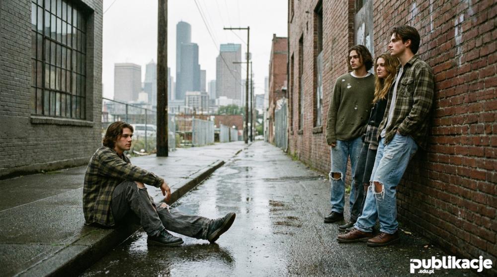 Grupa młodzieży w stylu grunge na ulicy Seattle