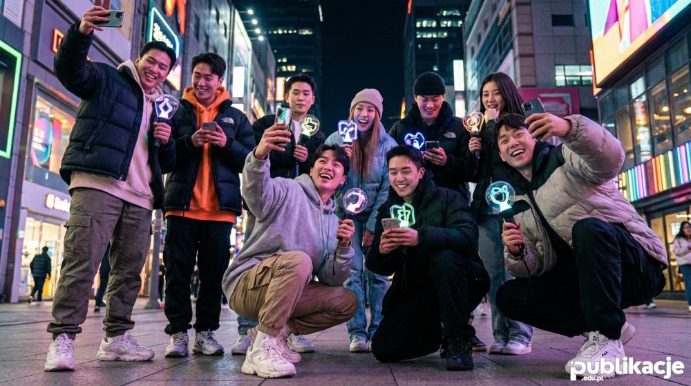 Grupa różnorodnych fanów K-pop Stans ze smartfonami