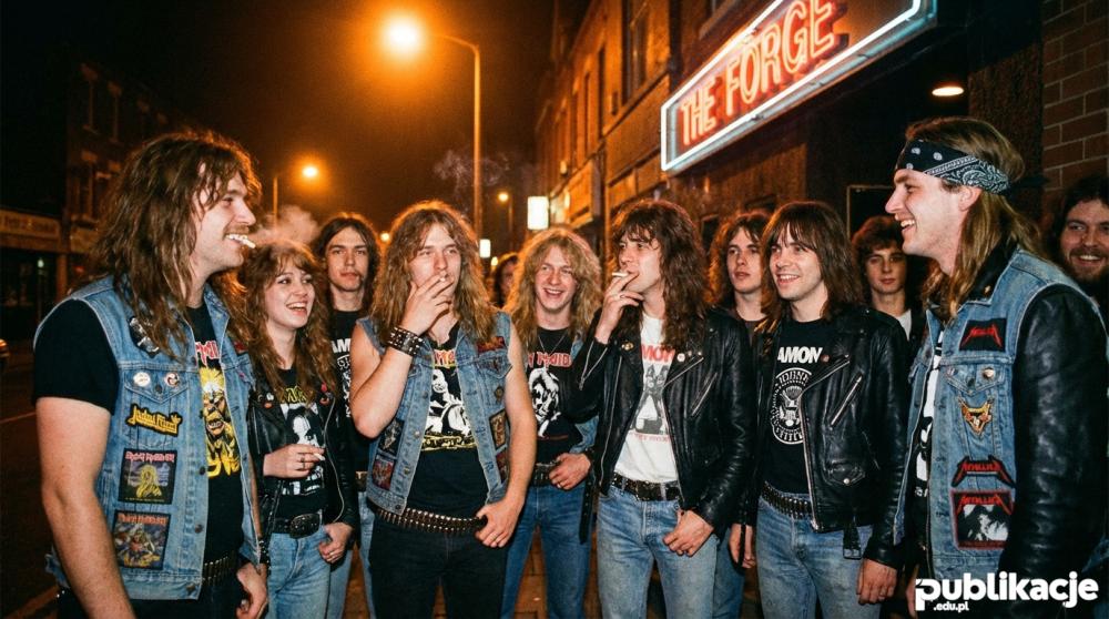 Grupa metalowców w kamizelkach z naszywkami przed klubem