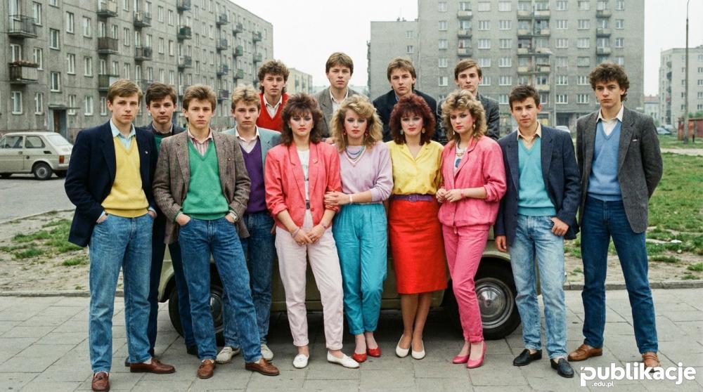 Grupa młodzieży z subkultury Poppersów na tle blokowiska PRL