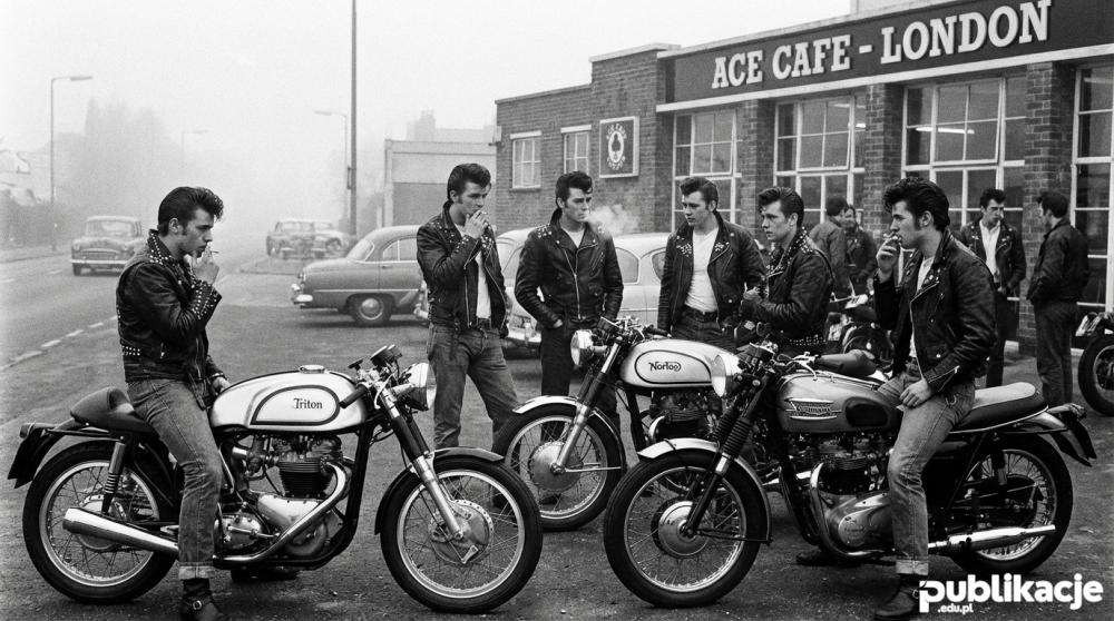 Grupa Rockersów na motocyklach przed kawiarnią w latach 50.