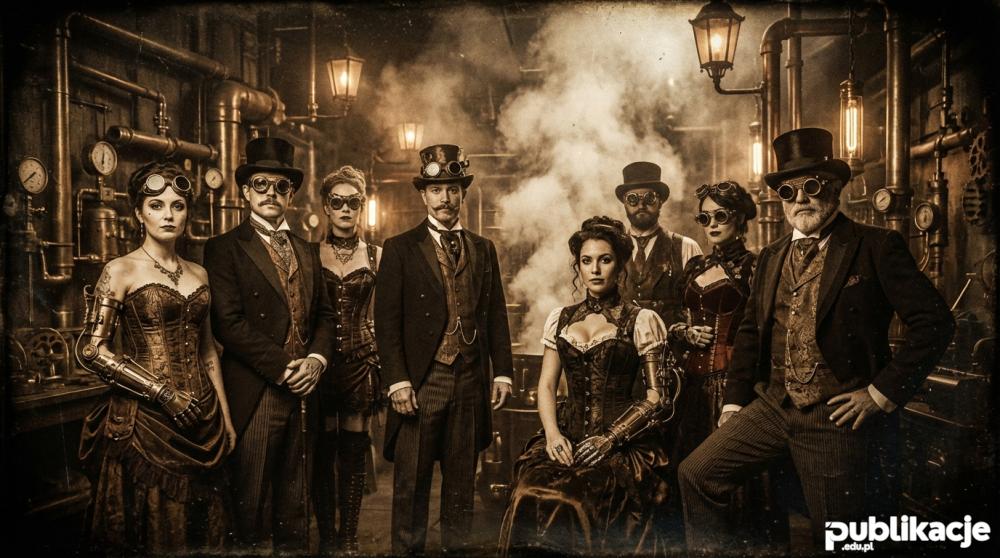Grupa ludzi w strojach steampunkowych w warsztacie parowym