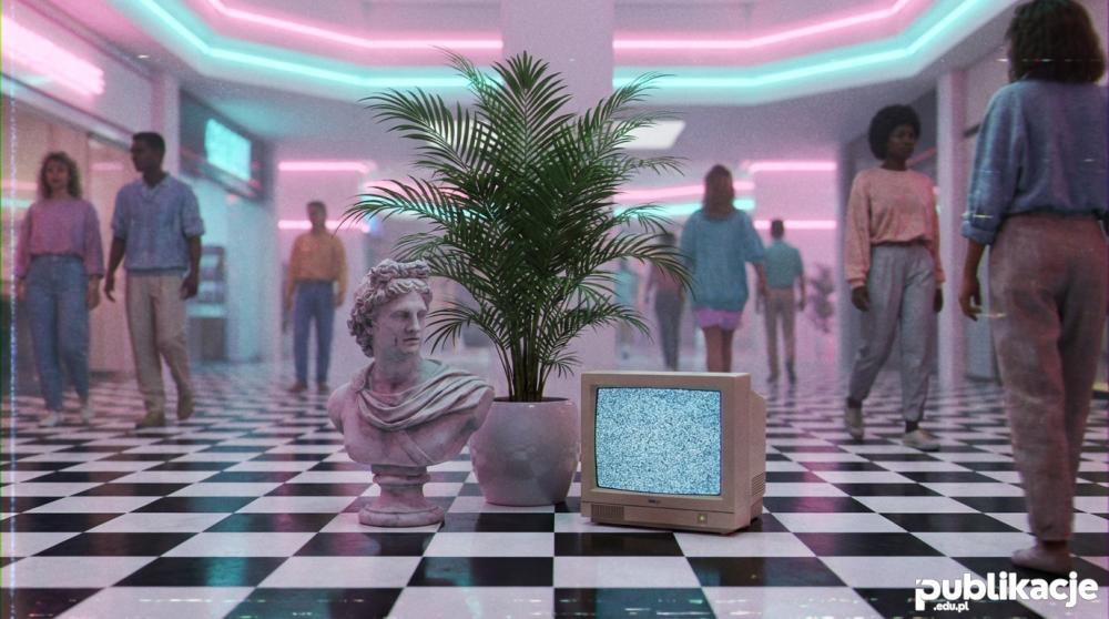 Wnętrze centrum handlowego w stylu vaporwave z rzymskim popiersiem