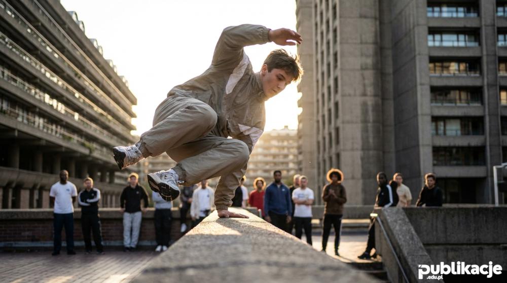 Mężczyzna trenujący parkour przeskakuje barierkę w mieście
