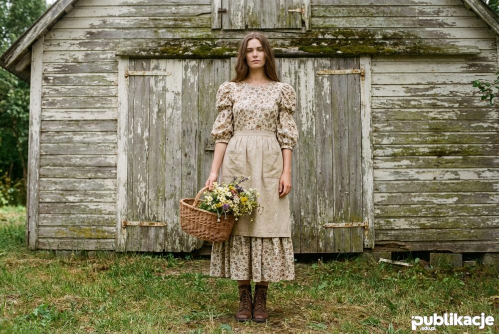 Stylizacja modowa cottagecore z sukienką i fartuchem