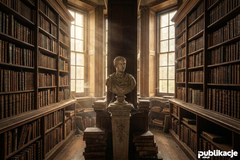 stara biblioteka z drewnianymi regałami w stylu dark academia