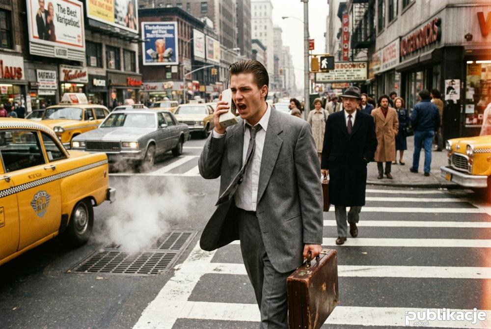 Yuppie z telefonem cegłą na ulicy Nowego Jorku lata 80